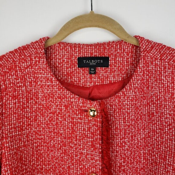Talbots Tweed Crew Neck Blazer Jacket Red Fringe Full Button Boucle Size 10P - Picture 3 of 6